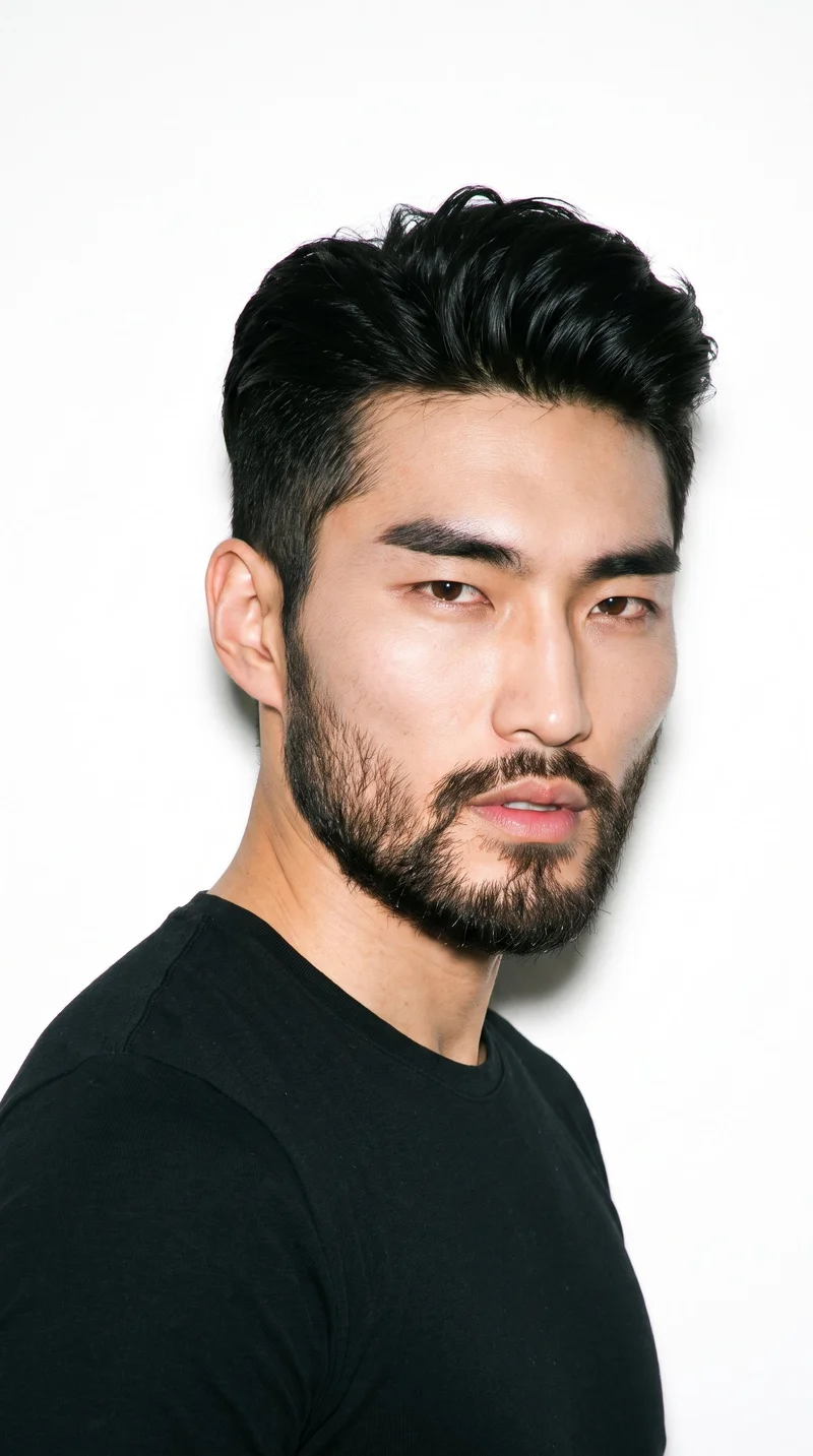 A 24-year-old Korean man with lightly tanned fair skin and a cool undertone. His chiseled face has sharp, angular features, a defined jaw, and pronounced cheekbones. He has thick eyebrows, brown eyes, and medium lips. His deep black hair is styled in a quiff, brushed up and back at the front with shorter sides. A full, connected beard grows evenly across his cheeks, jaw, and chin.