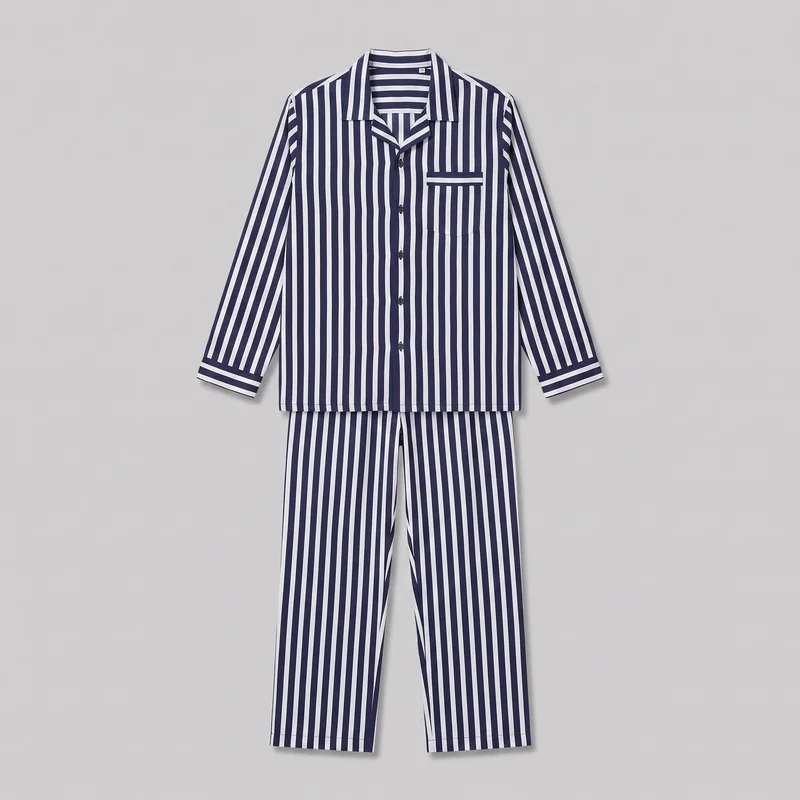 A matching men's two-piece striped pajama set is shown from the front against a plain backdrop. The set includes a long-sleeve button-front shirt with a notched camp collar, straight cuffs, a hip-length hem, and one chest patch pocket with a horizontal top band. Matching full-length straight-leg pants extend below the shirt, continuing the vertical stripe pattern with plain straight hems.