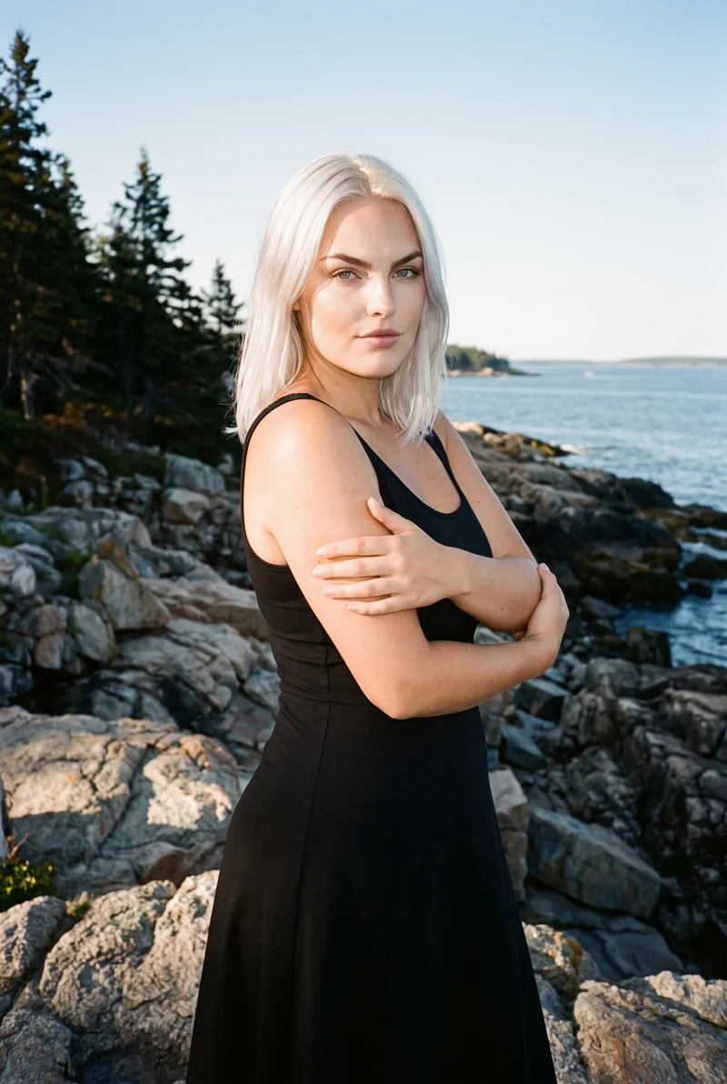 A 23-year-old Caucasian woman wears a black evening gown in a three-quarter-length view from a front three-quarter angle. She holds herself in a self-hug pose with a natural facial expression, against an Acadia coastal rocks backdrop.