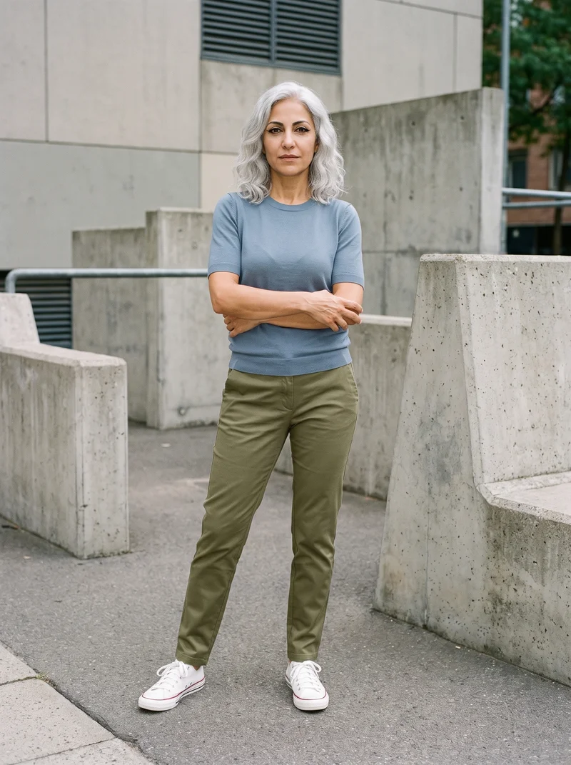 A 58-year-old Arab woman wears olive tapered chinos in a full-body front view. Her arms hang low, and she has a serious expression. Parkour-style urban obstacles form the backdrop.