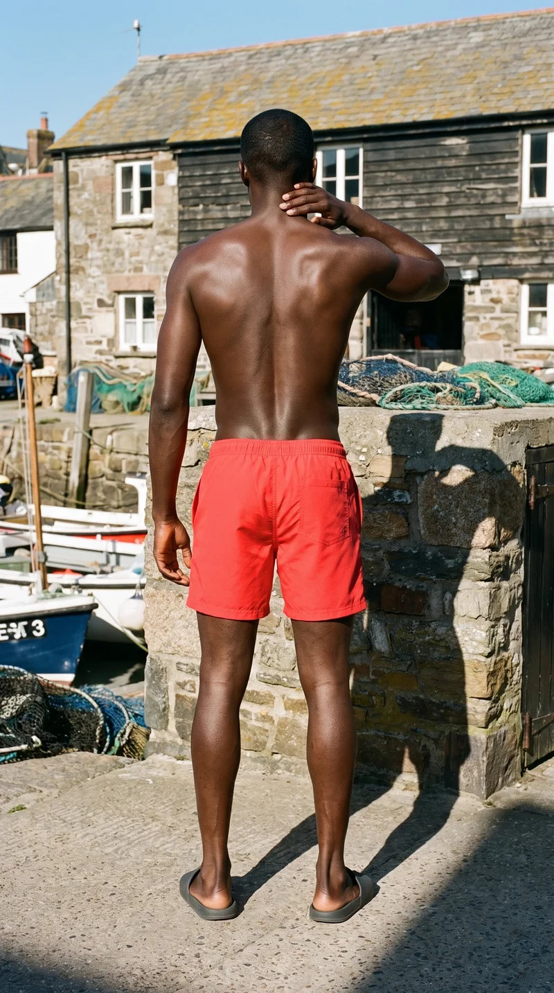 Red Swim Trunks, Full body at Back, Flash Editorial lighting