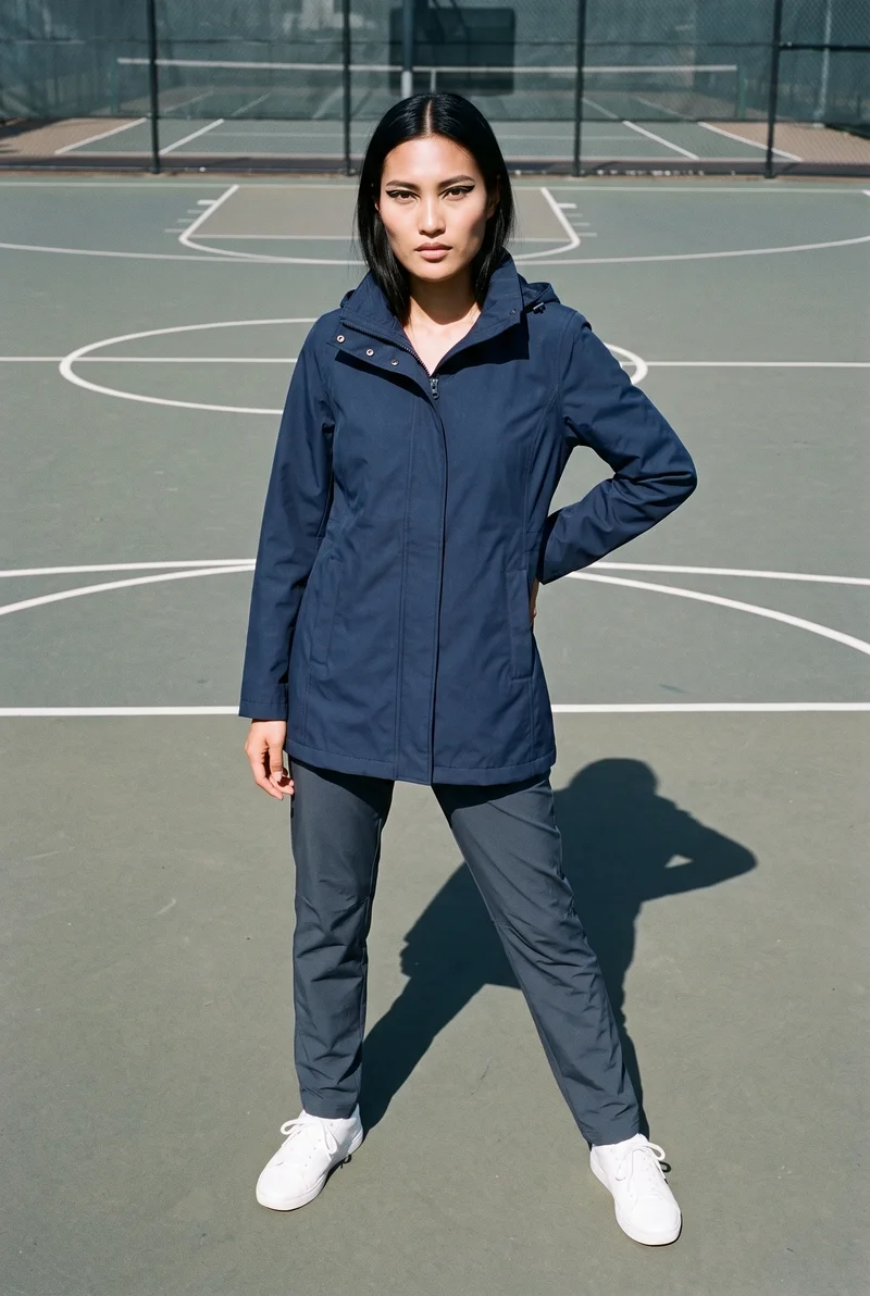 A 24-year-old Southeast Asian woman is shown full body from the front wearing a women's navy waterproof raincoat. She stands with one hand on her lower back and a confident expression, against a basketball court backdrop.