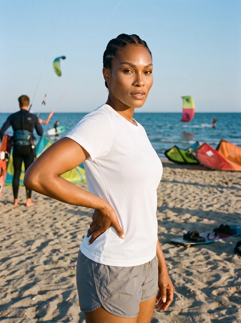 Women's White Mesh Performance Top, Three-quarter length at Three-quarter, Natural E-Commerce lighting
