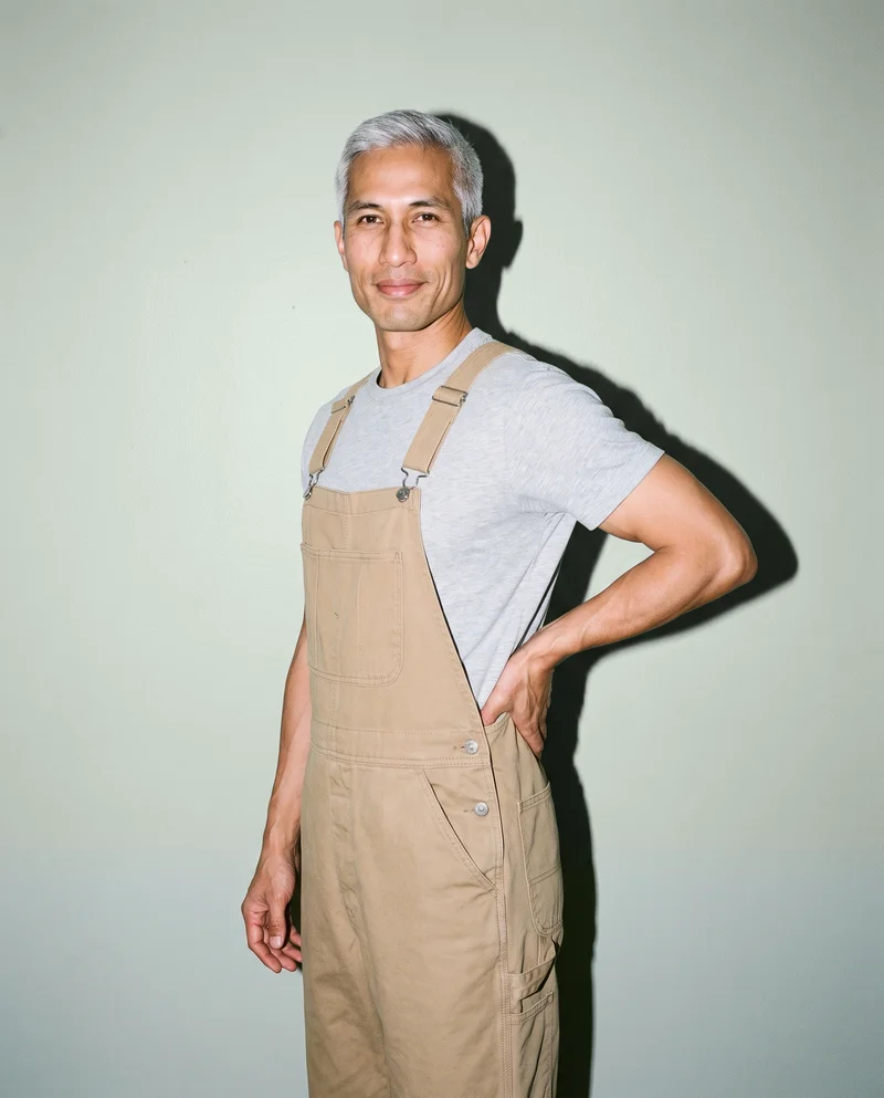 Men's Khaki Utility Dungarees, Three-quarter length at Three-quarter, Flash Editorial lighting
