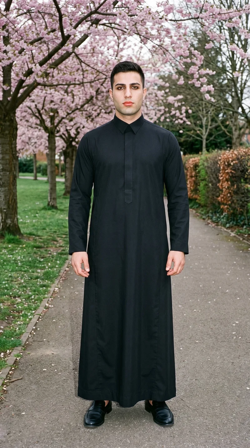 A 23-year-old Arab man stands straight in a full-body front view wearing a black thobe. The Cherry Blossom Park serves as the backdrop.