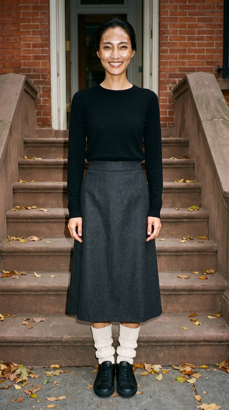 A 32-year-old Japanese woman stands straight in a full-body front view wearing cream cable-knit leg warmers. A brownstone stoop with autumn leaves forms the backdrop.