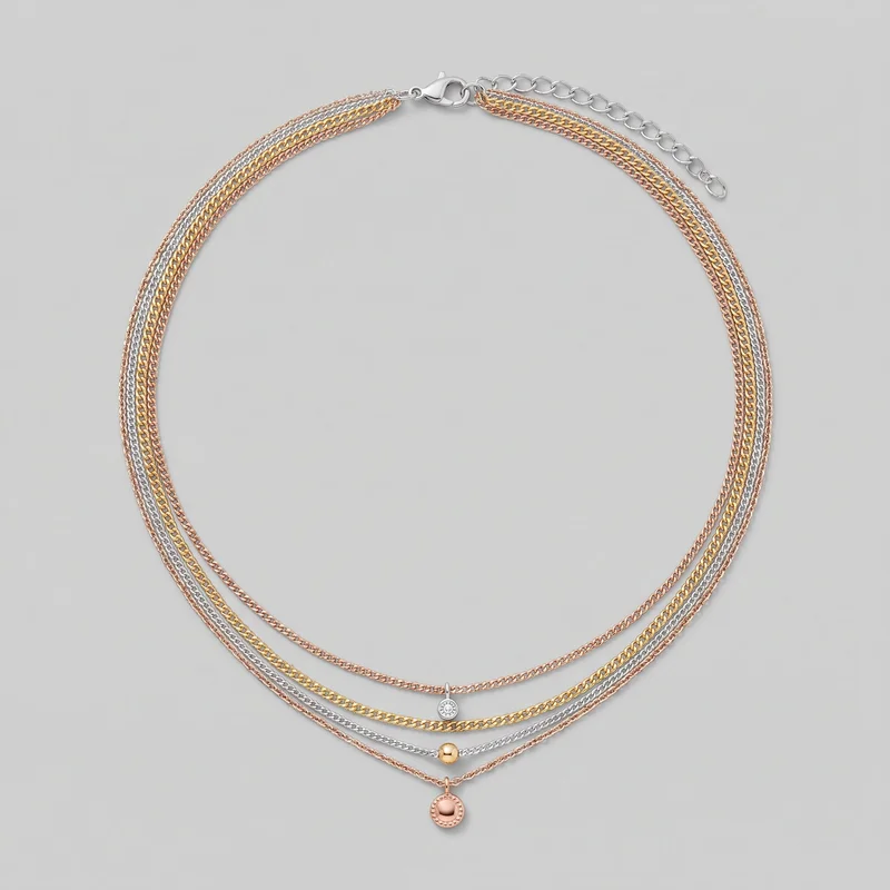 A complete women's layered necklace is laid in a rounded shape. Multiple fine curb-style chains form graduated silver-tone, gold-tone, and rose-gold-tone strands, with the lobster clasp and oval-link extender chain visible at the top. Three small round charms hang at the bottom: a silver-tone medallion, a smooth gold-tone bead-like charm, and a rose-gold-tone circular pendant with a raised center and dotted rim.