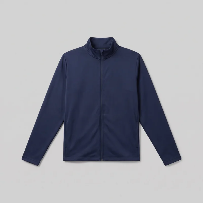 A navy regular-fit tracksuit top is shown laid flat in a front view with its sleeves extended. It has a stand collar with a high neckline, a centered full-length zipper, a straight hem, long set-in sleeves, and two lower vertical welt-style pocket openings near the side seams. No logos, prints, patches, embroidery, or embellishments are visible.