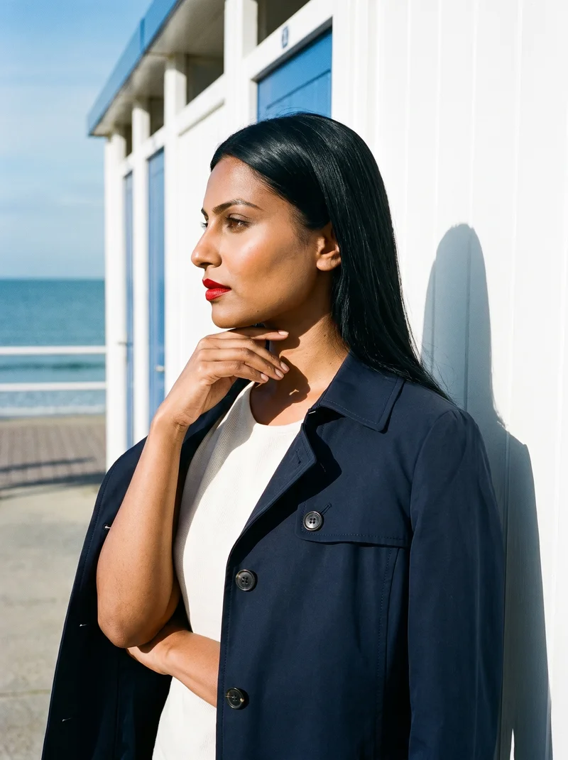 A 28-year-old Indian woman wears a women's navy trench coat in an upper-body side view, with one hand resting on her neck and a neutral expression. A Greek Island Beach Club serves as the backdrop.