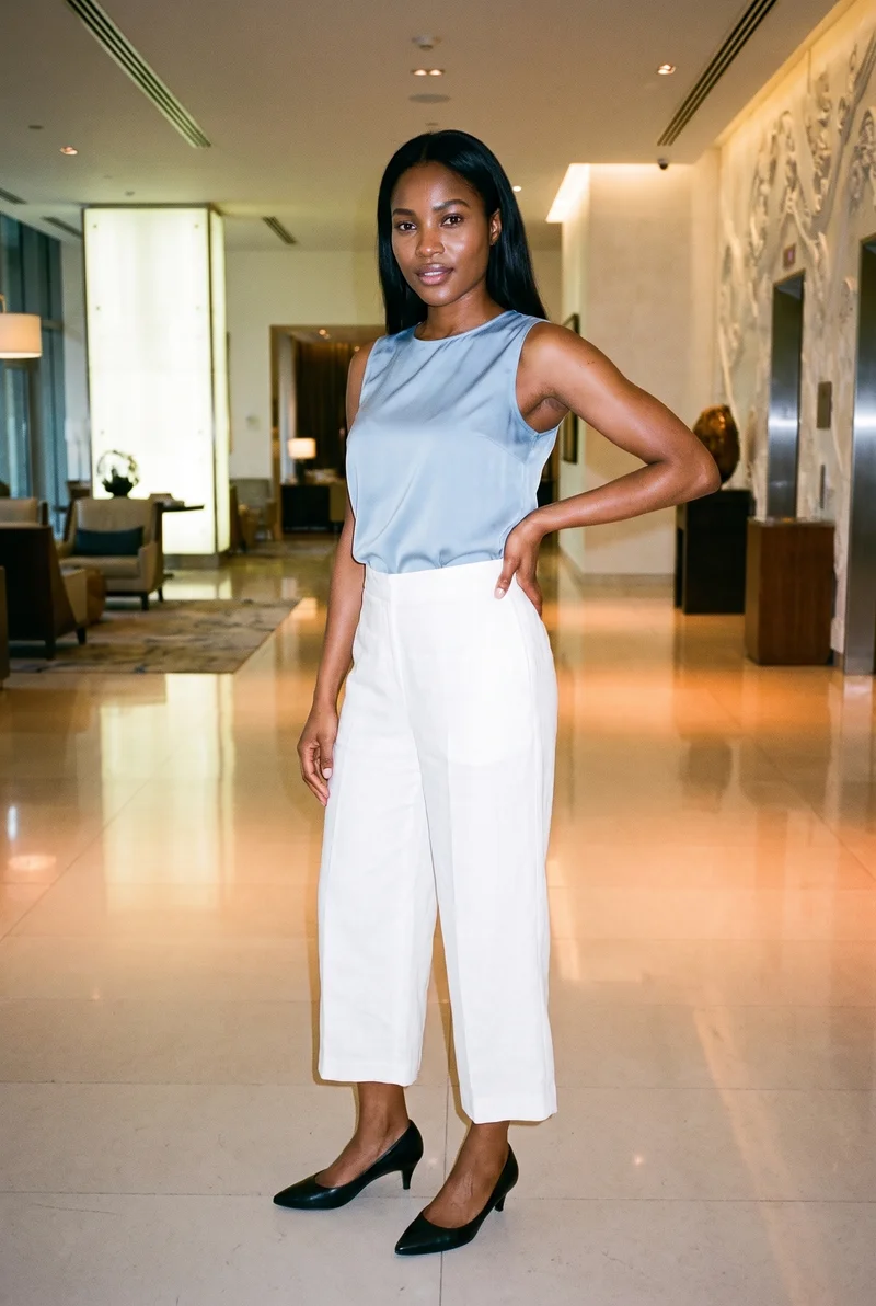 A 23-year-old African woman wears white linen culottes, shown from a front three-quarter angle with one foot forward. The environmental framing places her against a hotel lobby backdrop.