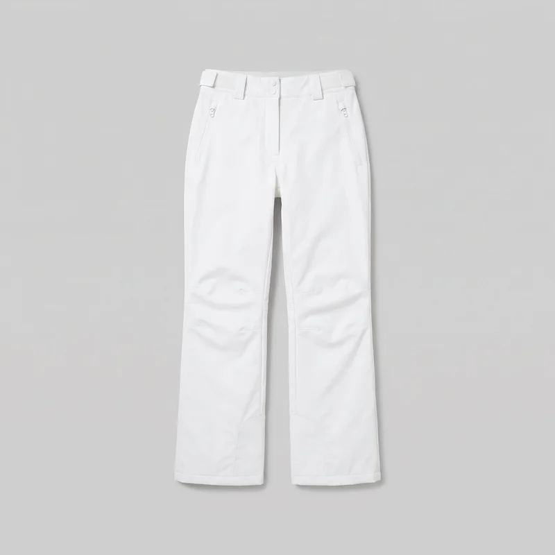 Women's white shell ski trousers shown laid flat in a complete front view. The pants have a structured waistband with belt loops, a centered fly placket with two visible snap-button closures, angled zip pockets at both front hips, vertical side seams, inner leg seams, shaped panel seams around the knees and lower legs, and straight finished hems. The regular-fit hips and thighs lead into slightly flared bootcut legs.