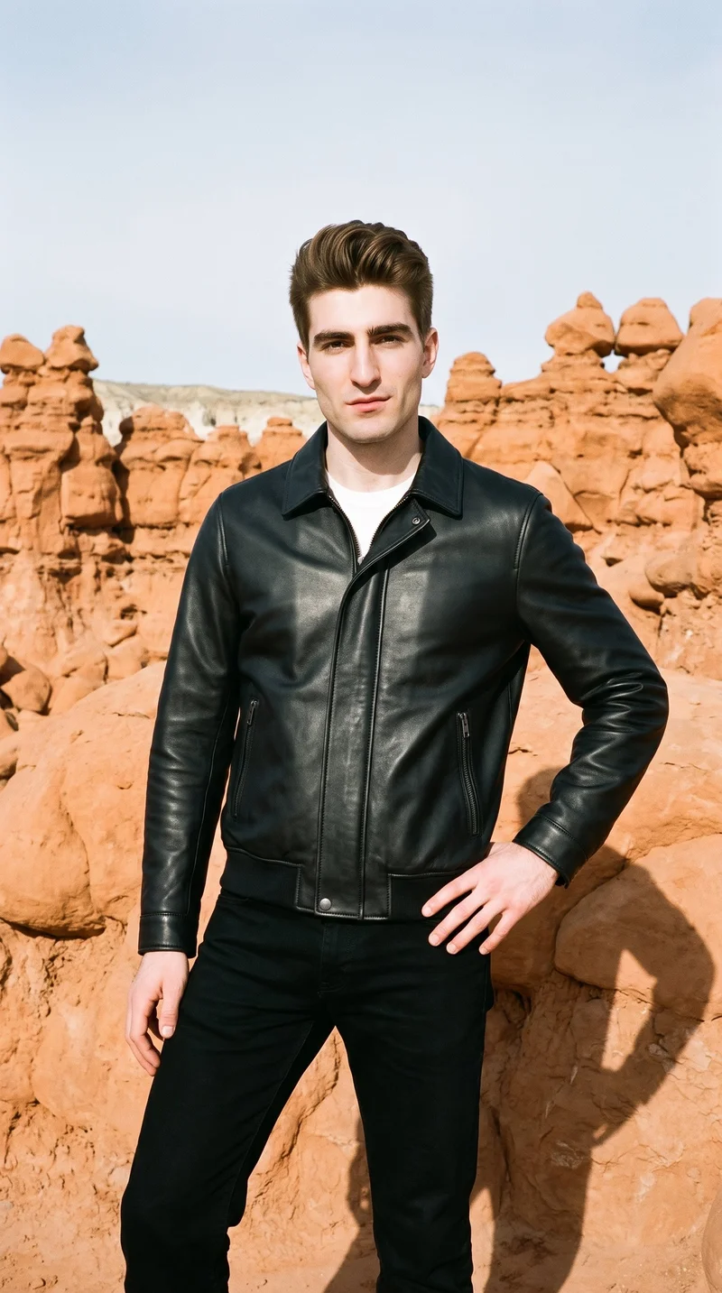 A 25-year-old Caucasian man is shown from the front in a three-quarter-length view, wearing a black leather bomber jacket. He stands with one hand on his hip and a confident expression, with a Bryce Canyon hoodoos backdrop behind him.