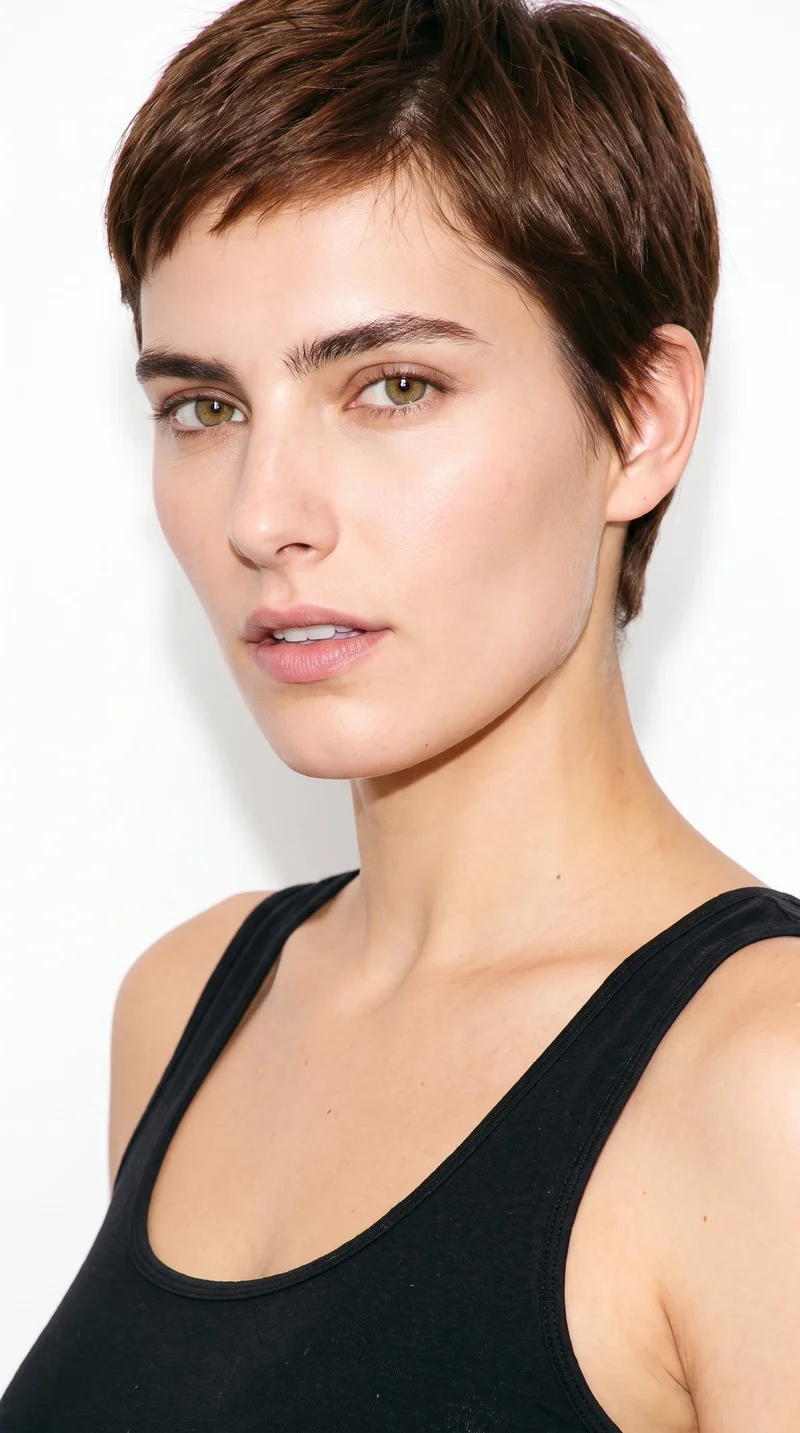 A 26-year-old Caucasian woman with fair skin and a warm golden undertone. Her square face has a broad forehead and a strong, defined jaw, creating an angular, structured appearance. She has thick eyebrows, amber eyes with a golden tone, and medium-sized lips. Her chestnut-brown hair has a reddish undertone and is styled in a very short pixie cut, close at the sides with more length on top.