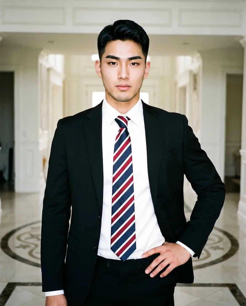 A 19-year-old Japanese man is shown from the front in an upper-body view, wearing a striped tie. He stands with one hand on his hip and a neutral expression against a mansion foyer backdrop.