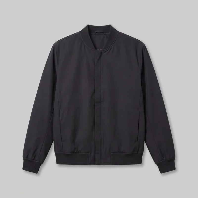 A mostly complete front view of a men's black bomber jacket laid flat against a plain backdrop. The regular-fit jacket has a waist-length body, set-in shoulders, full-length sleeves, a ribbed baseball collar, ribbed cuffs and hem band, a concealed centered zipper with a narrow placket, two lower hand pockets, and visible shoulder, side-panel, and sleeve seams.