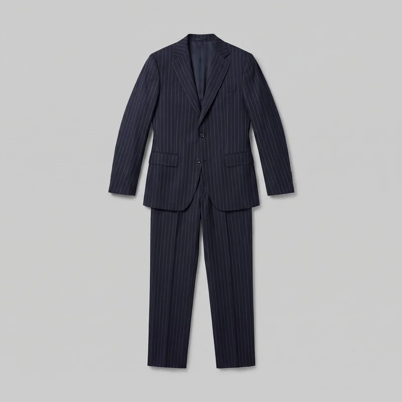 A navy two-piece tailored suit is laid flat in a full standalone front view, with the single-breasted blazer centered over the matching full-length trousers. The blazer has fine vertical pinstripes, structured shoulders, long sleeves, notch lapels, a V-shaped open neckline, two front buttons, a chest welt pocket, and two lower flap pockets. The trousers have matching vertical pinstripes, straight legs, and flat front creases; the waistband and fly are mostly covered by the jacket.