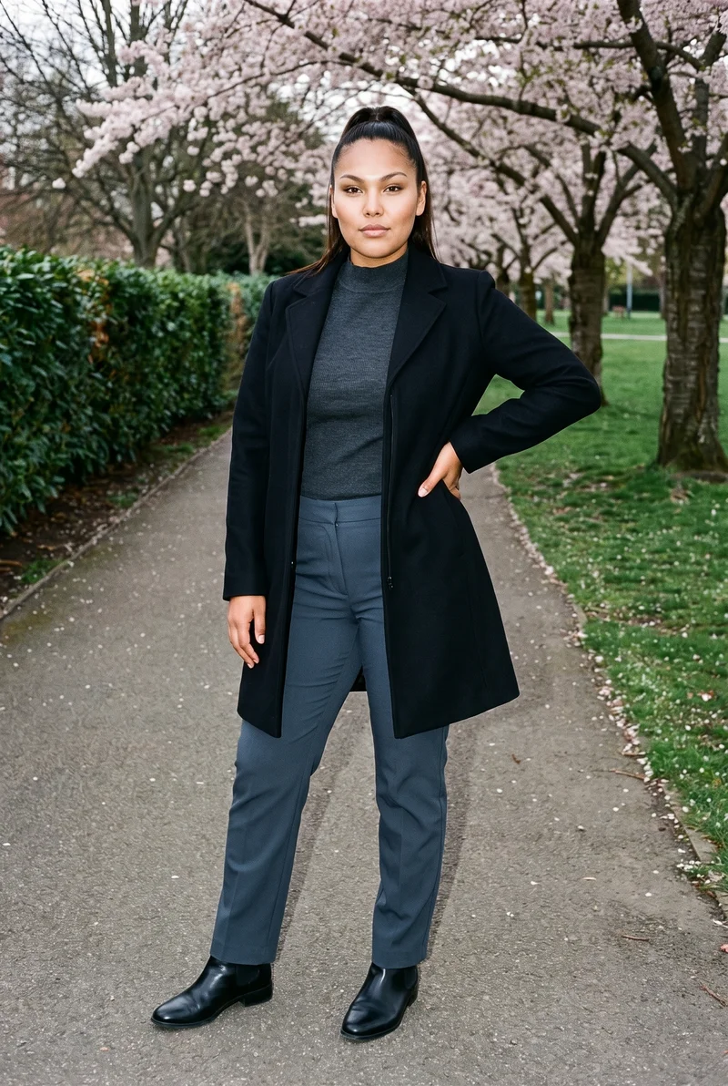 A 22-year-old Indigenous American woman wears a women's black overcoat in a full-body view from a front three-quarter angle. She stands with her weight back and a curious facial expression, against a Cherry Blossom Park backdrop.