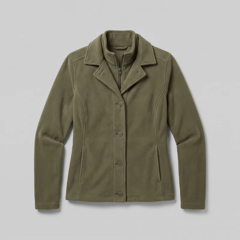 Women's olive fleece jacket laid flat in a standalone front view. The tailored, hip-length jacket has long set-in sleeves, a wide notched fold-down collar over an inner stand collar, and a single-breasted front with matching round buttons and a visible vertical zipper behind the outer placket. Princess seams and additional vertical panel seams shape the torso, while two low welt pockets, stitched shoulder and sleeve hems, and a stitched bottom hem are visible.