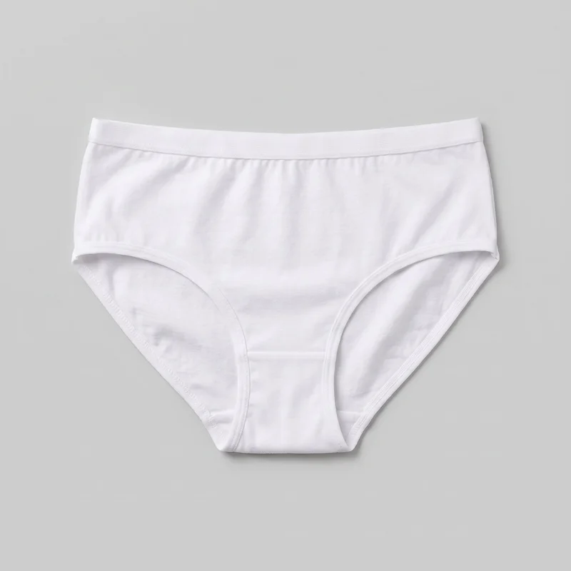 A single pair of plain white cotton briefs is laid flat in a front view. The full high-rise straight elastic waistband, curved leg openings, narrow crotch panel, bound elastic trim, visible stitching, and front gusset seam are shown.