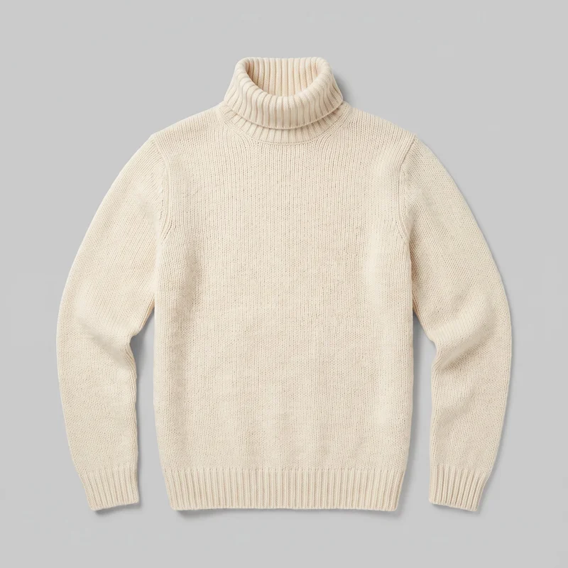 Men's cream knit turtleneck sweater shown laid flat in a complete front view. The sweater has a folded ribbed high neck, long sleeves with fitted ribbed cuffs, a straight silhouette, vertical knit ribs, and a wide ribbed waistband.