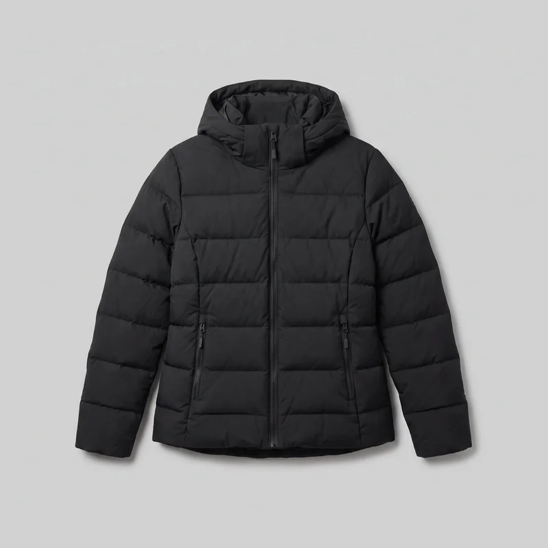 A mostly complete front view of a women's black down jacket laid flat against an unspecified backdrop. The jacket has an attached padded hood, a high stand collar, long set-in sleeves, horizontal quilted baffles, a full-length central zipper, two vertical lower-front zip pockets, and a straight hip-length hem.