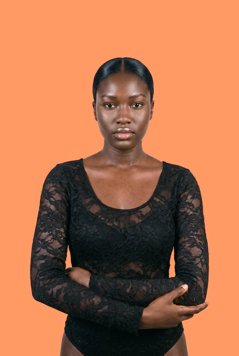 Black Lace Bodysuit, Upper body at Front, Studio Cutout lighting