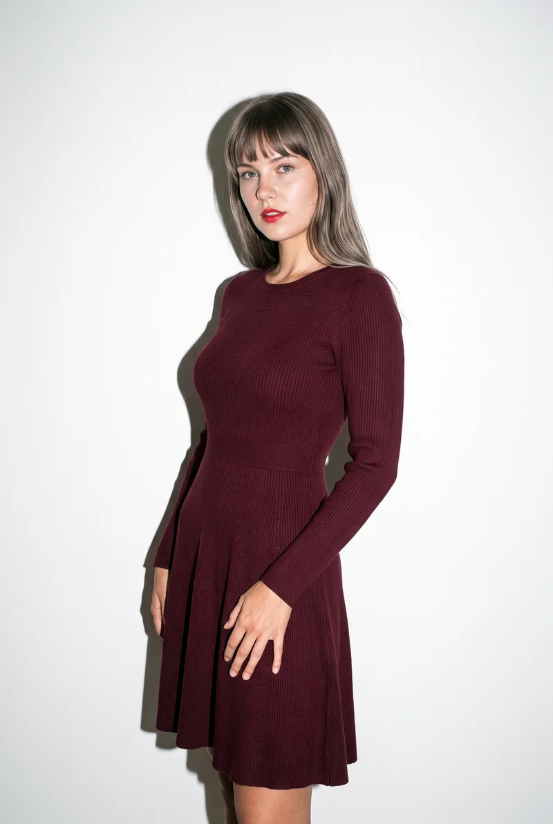 Burgundy Knit Midi Dress, Three-quarter length at Front, Flash Editorial lighting