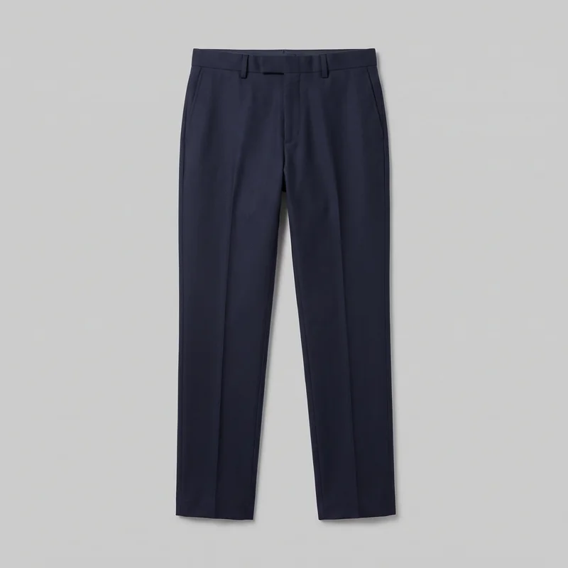 Men's navy wool tailored trousers laid flat in a full front view. They feature a structured flat waistband with belt loops, a centered fly-front opening, vertical crease lines, angled side pockets, straight side seams, and plain straight hems.