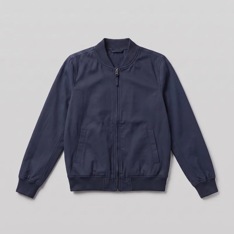 A mostly complete front view of a women's navy bomber jacket laid flat against a backdrop. The waist-length jacket has a ribbed stand collar, full center-front zipper with a visible pull tab, long sleeves with ribbed cuffs, a ribbed bottom waistband, shoulder yoke seams, and two low-set angled welt pockets.
