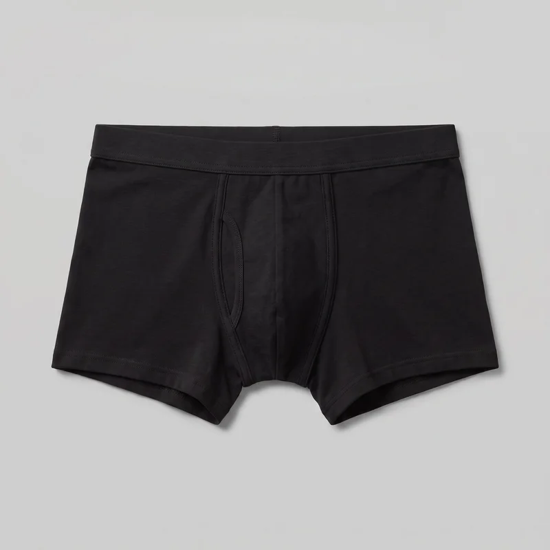 Black men's boxer brief underwear laid flat in a complete front view. The close-fitting trunks have a mid-rise elastic waistband, a contoured front pouch, overlapping vertical fly seams, short fitted legs, and reinforced stitched hems.