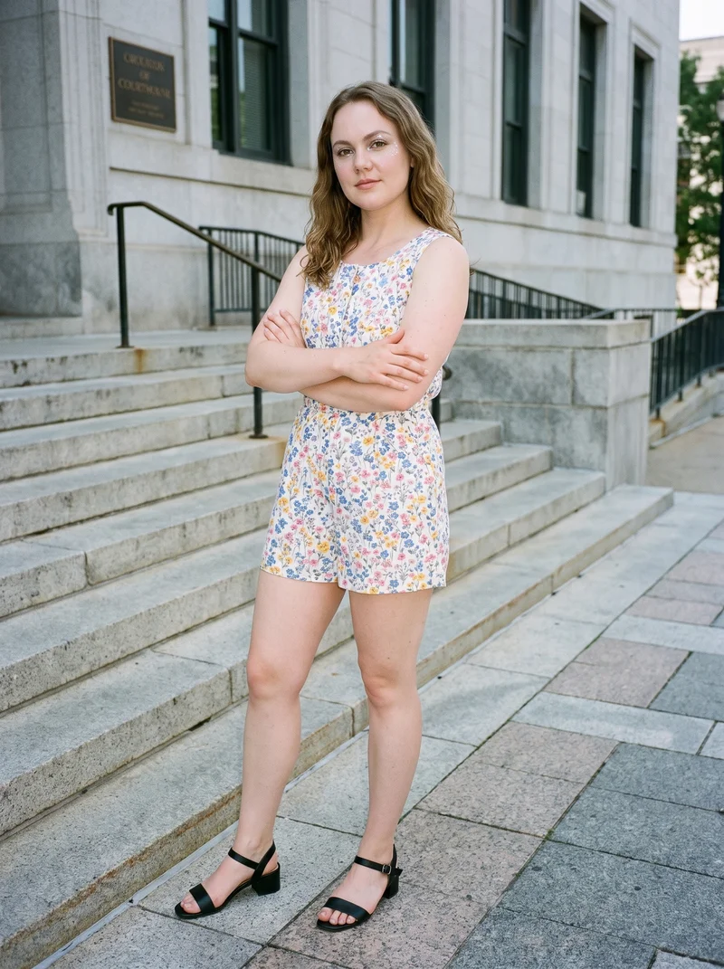 A 32-year-old Caucasian woman wears a floral print playsuit in a full-body view from a front three-quarter angle. She poses with a self-hug and a natural facial expression, with courthouse steps forming the backdrop.