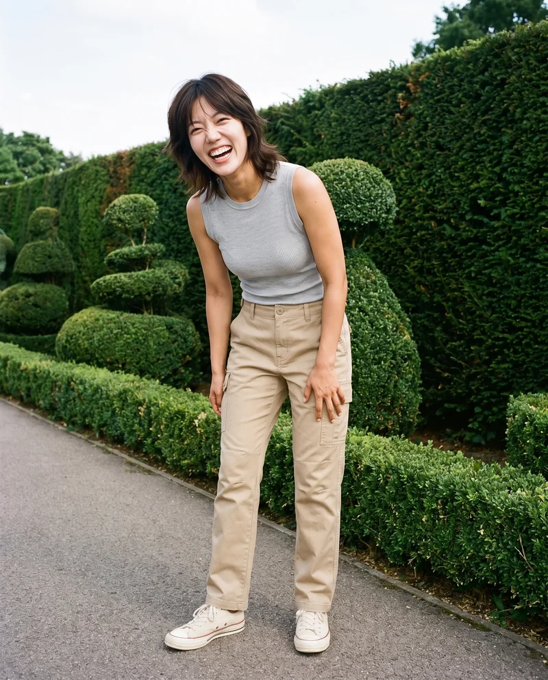 A 33-year-old Korean woman wears women's khaki cargo pants in a full-body front view, posing with one hip out and laughing. A topiary garden serves as the backdrop.