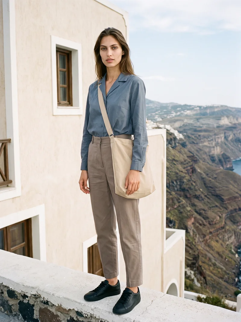 A 19-year-old Turkish woman is shown full body from a front three-quarter angle wearing a beige canvas tote crossbody. The natural-expression pose keeps the bag as the main focus, with a Santorini caldera view used as the backdrop.