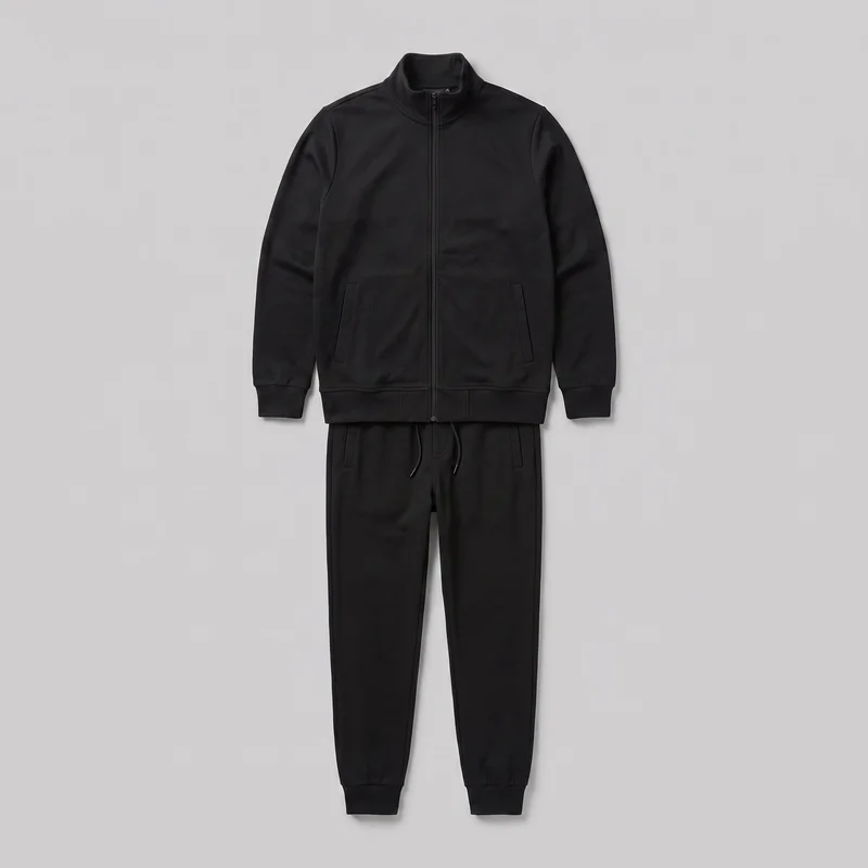 A complete front view of a matching black two-piece tracksuit arranged together. The set includes a regular-fit, hip-length zip-front jacket with a stand collar, long sleeves, ribbed cuffs and hem, angled welt pockets, and visible shoulder and armhole seams. The full-length jogger pants have a drawstring waistband with ties, front pockets, tapered legs, and ribbed ankle cuffs.
