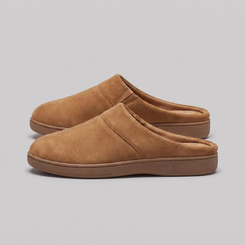 A pair of tan suede closed-toe slip-on mules is shown in a side three-quarter view. The front mule is mostly visible, with a second mule partially overlapped behind it. Both shoes have rounded toes, high vamps, open heels, stitched vamp and side seams, and thick flat platform cupsoles with raised rounded sidewalls.