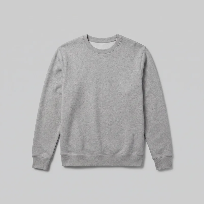 A mostly complete front view of a men's grey crewneck sweatshirt laid flat. The regular-fit pullover has a straight body, long sleeves, a crew neckline, ribbed cuffs, and a ribbed bottom band, with visible shoulder and sleeve attachment seams.