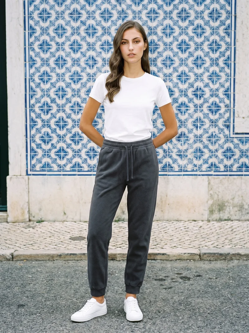 A 21-year-old Caucasian woman is shown full body from the front wearing women's charcoal fleece joggers, with her hands behind her back and a serious expression. A Portuguese tile street serves as the backdrop.