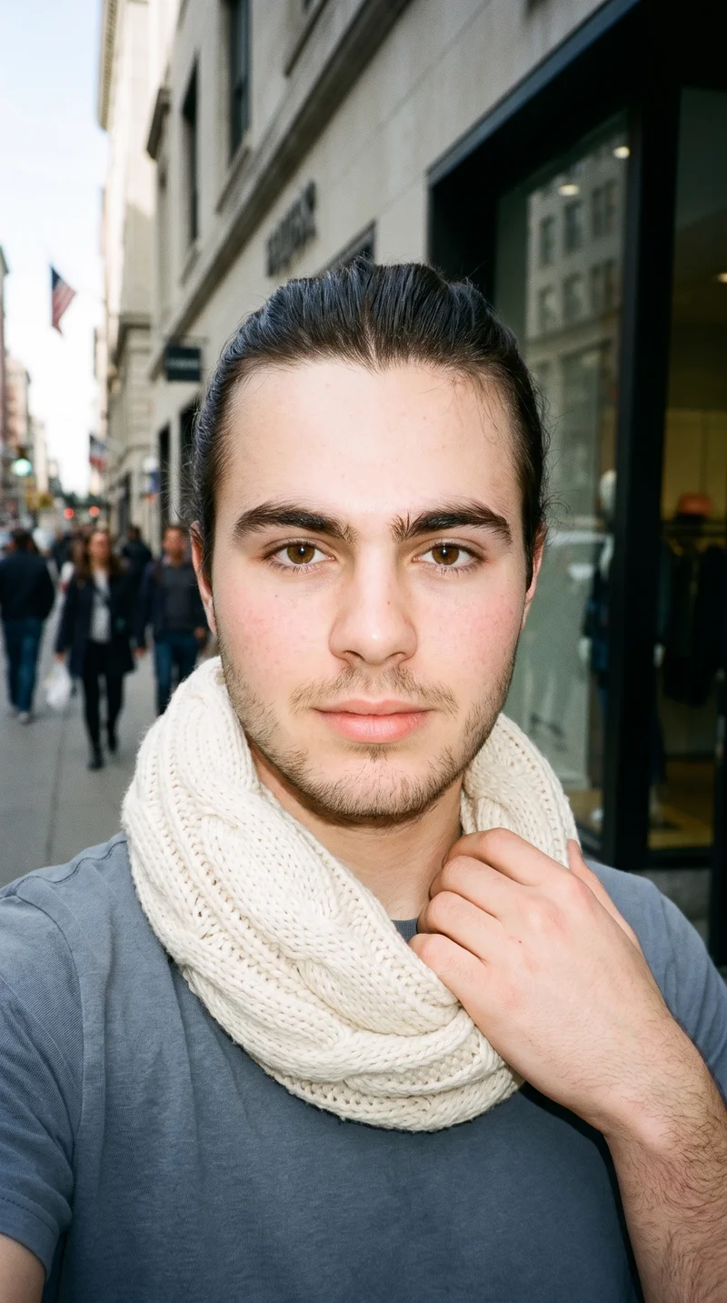 A 19-year-old Caucasian man wears a cream cable-knit snood in a front-facing, over-the-shoulder selfie. The urban street appears as the backdrop.