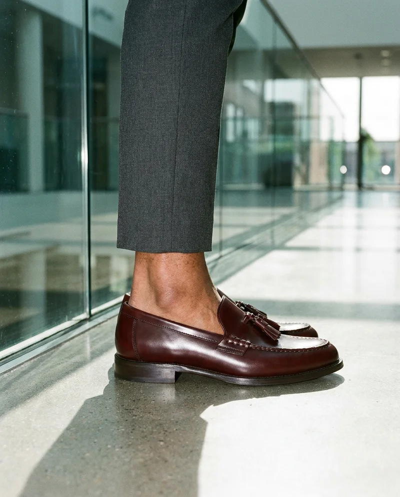 Men's Burgundy Tassel Loafers, Ankle at Side, Flash Editorial lighting