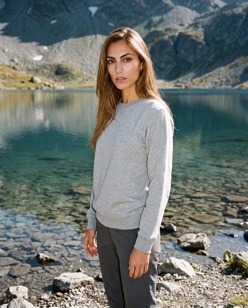 Women's Grey Crewneck Pullover Jumper, Three-quarter length at Three-quarter, Flash Editorial lighting