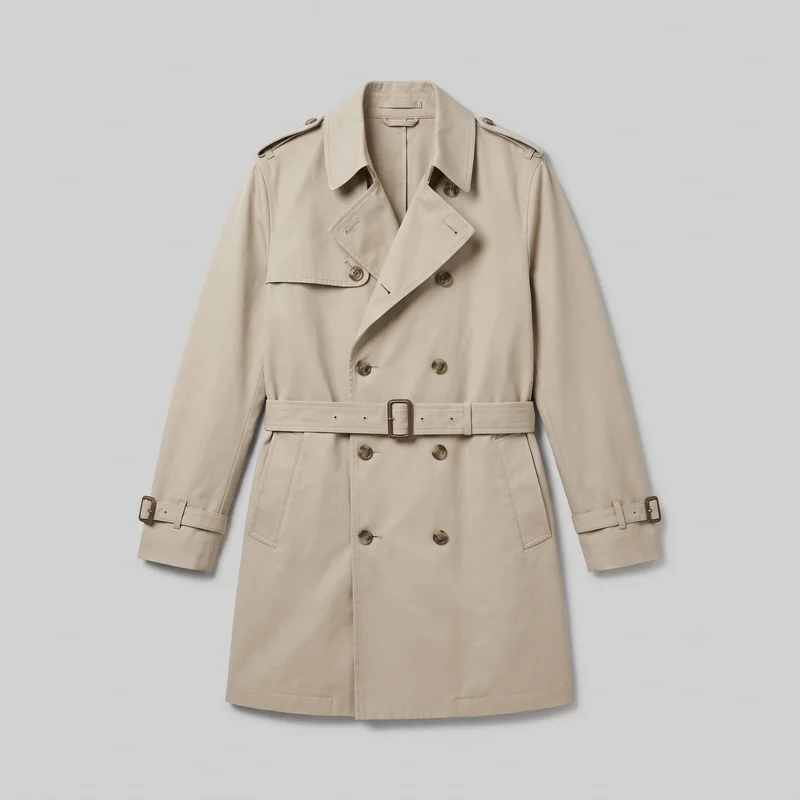 Men's stone cotton trench coat shown alone in a front view, with a pointed spread collar, broad lapels, double-breasted button closure, shoulder epaulets, a layered storm flap, angled welt pockets, and a buckled waist belt. The long sleeves have adjustable buckled cuff straps, and the straight lower hem and outlined topstitching are visible.