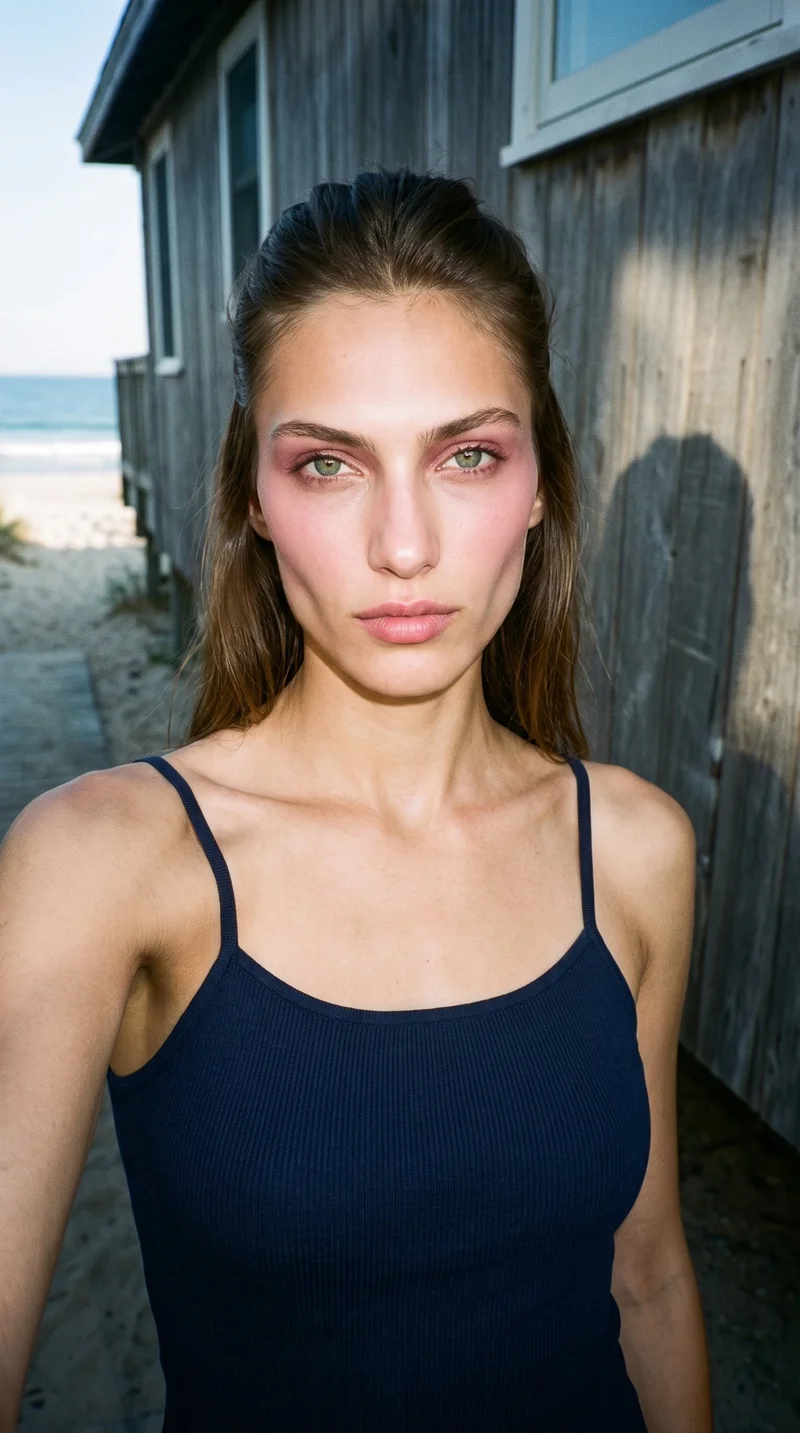 A 19-year-old Turkish woman wears a navy bodycon dress in a front-view selfie framed at head level. The Cape Cod Beach House appears as the backdrop.