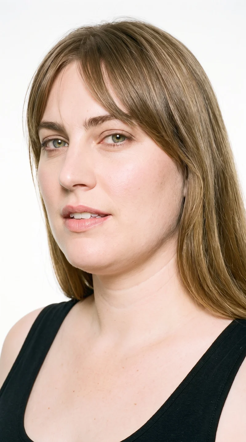 A 41-year-old Caucasian woman with a light-tan, cool undertone complexion. Her face is longer than it is wide, with a tall forehead and elongated cheeks. She has medium-thickness eyebrows, green eyes, and full lips. Her dark-blonde hair is styled with longer bangs parted at the center and framing both sides of her face.