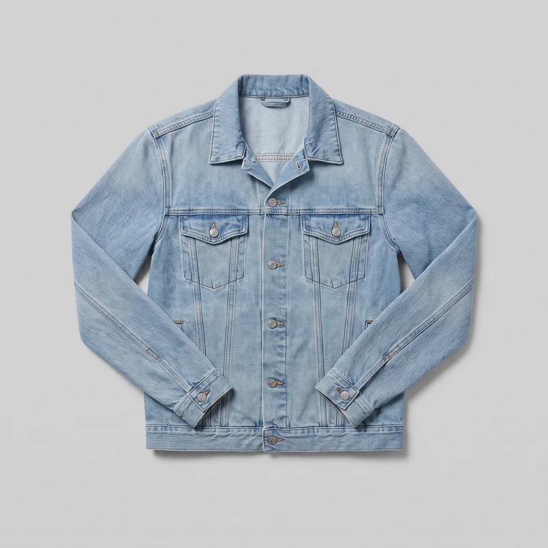 A mostly complete front view of a light wash men’s denim trucker jacket laid flat. It has a point collar, long sleeves with buttoned cuffs, a full metal-button front closure, two button-flap chest pockets, a horizontal chest yoke seam, vertical front panel seams, visible topstitching, and a straight waistband hem; lower side-entry pockets are partially visible near the hem.