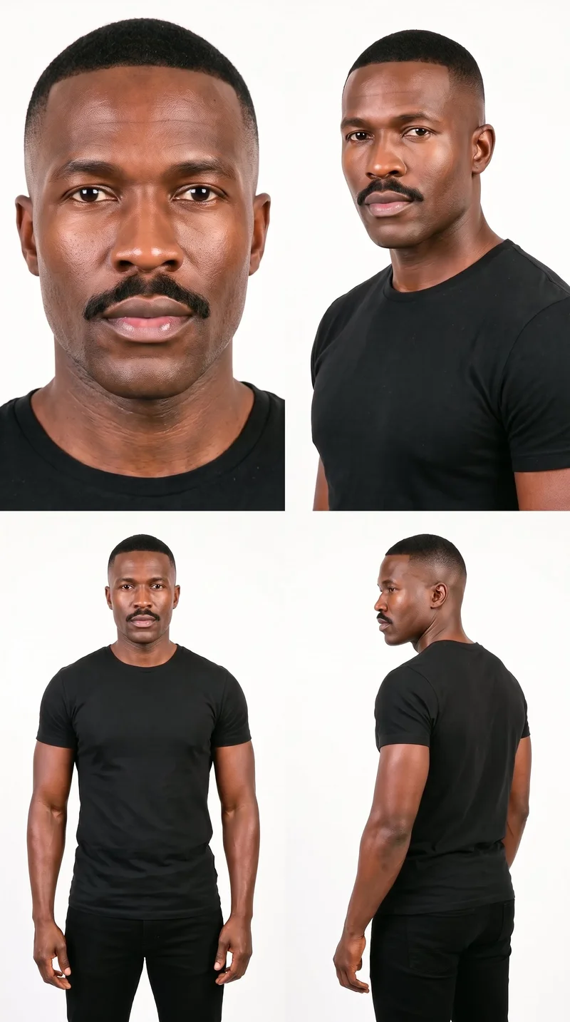 A 40-year-old African man with a very dark ebony-black complexion and red-copper undertone. His triangular face has a wide jaw that narrows toward the forehead, with medium-thick eyebrows, brown eyes, and very full lips. He has black hair in a fade hairstyle, tapering from longer on top to very short sides that blend down to the skin, and a thick chevron moustache angled downward at the sides.