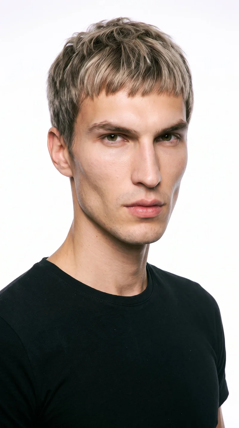 A 27-year-old Slavic man with a lightly tanned fair complexion and cool undertone. His chiseled face has sharp, angular features, a defined jaw, and pronounced cheekbones. He has thin eyebrows, brown eyes, and full lips. His darker, slightly muted blonde hair is styled in a French crop with short sides and a short, blunt fringe. He is clean-shaven, with smooth skin across his face.