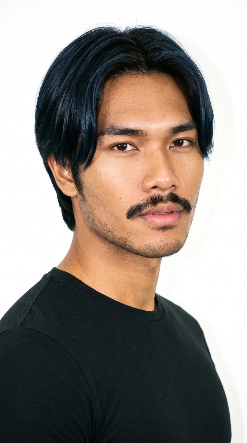 An 18-year-old Southeast Asian man with medium-brown skin and a warm golden undertone. His triangular face has a wide jaw that narrows toward the forehead, emphasizing the lower face. He has medium-thickness eyebrows, brown eyes, and medium lips. His deep black hair is divided at the centre and falls evenly to both sides. He wears a prominent full moustache with a shorter beard across the cheeks and jaw.