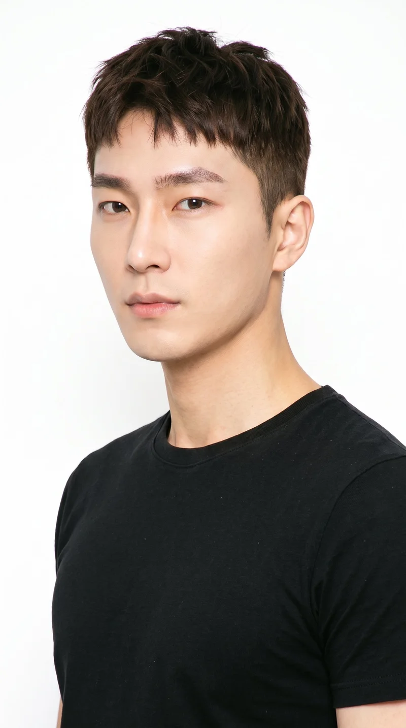 A 30-year-old Korean man with fair skin and a warm yellow undertone. His face has smooth, even, softer features in a refined balance, with medium-thickness eyebrows, very dark near-black eyes, and thin lips. His hair is dark brown, cut in a short textured crop with layered texture on top and closely cut sides. He is clean-shaven, with no facial hair and a smooth face.