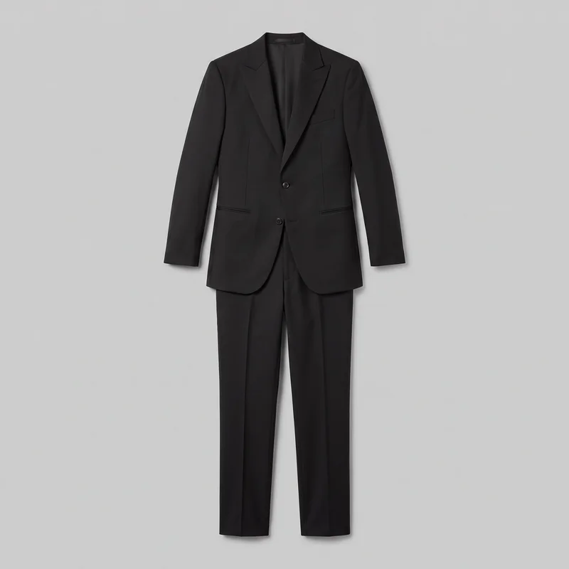 A black two-piece tuxedo is shown from the front as a standalone product view, with the blazer layered over the trousers. The blazer has a structured single-breasted design, notched lapels, long sleeves, two visible front buttons, a chest welt pocket, two horizontal waist pockets, and vertical front shaping seams. Straight full-length trousers with plain hems and pressed front creases extend below the jacket.