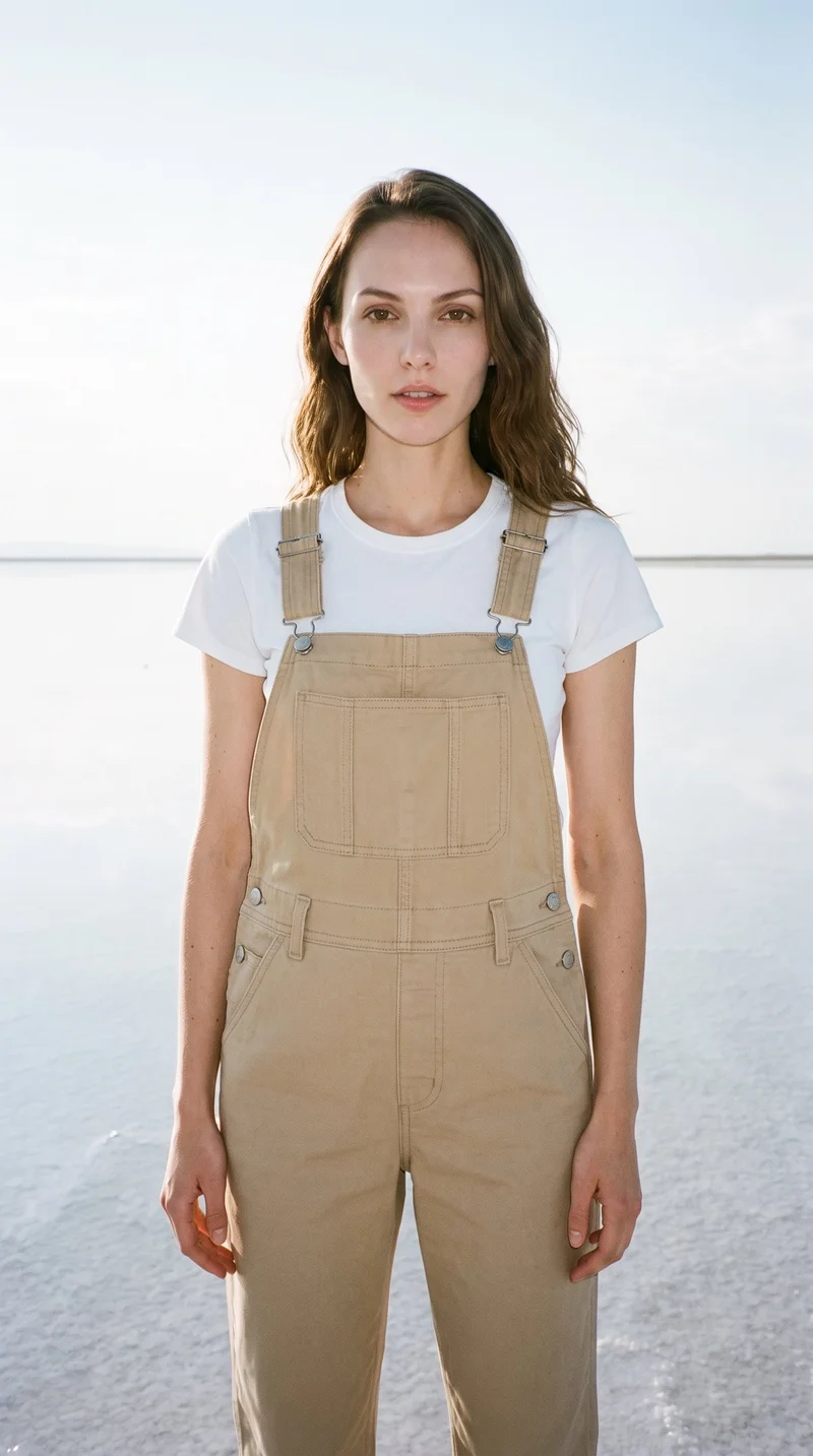 A 26-year-old Caucasian woman wears women's khaki utility dungarees in an upper-body, front-facing view. Her arms are relaxed and her expression is neutral, with a Salt Flats Reflection backdrop.